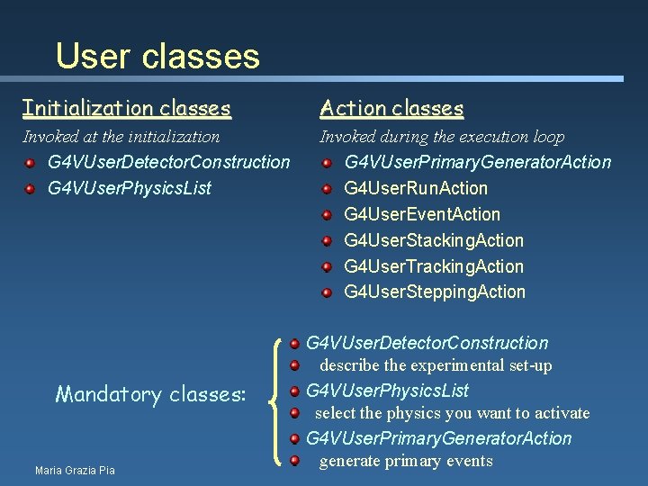 Use Class Overview Basics of a user application Maria Grazia Pia