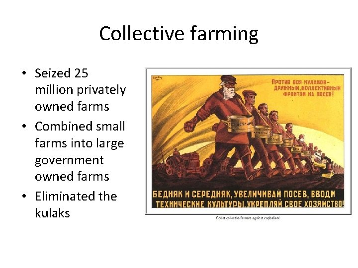Collective farming • Seized 25 million privately owned farms • Combined small farms into