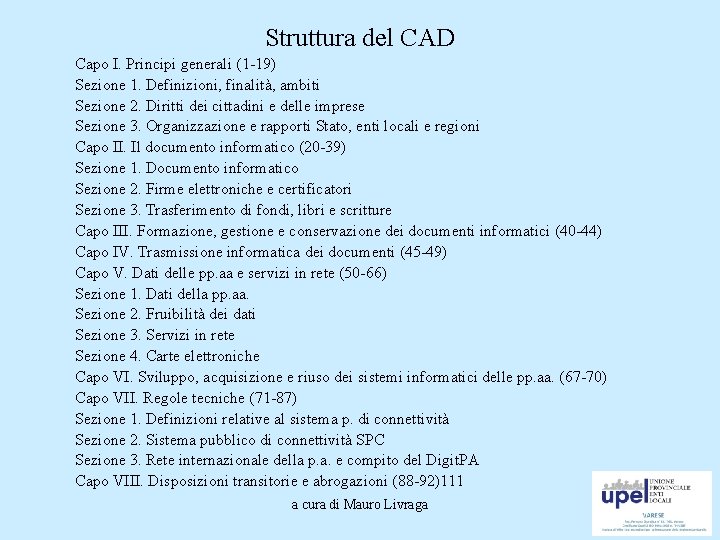 Struttura del CAD Capo I. Principi generali (1 -19) Sezione 1. Definizioni, finalità, ambiti
