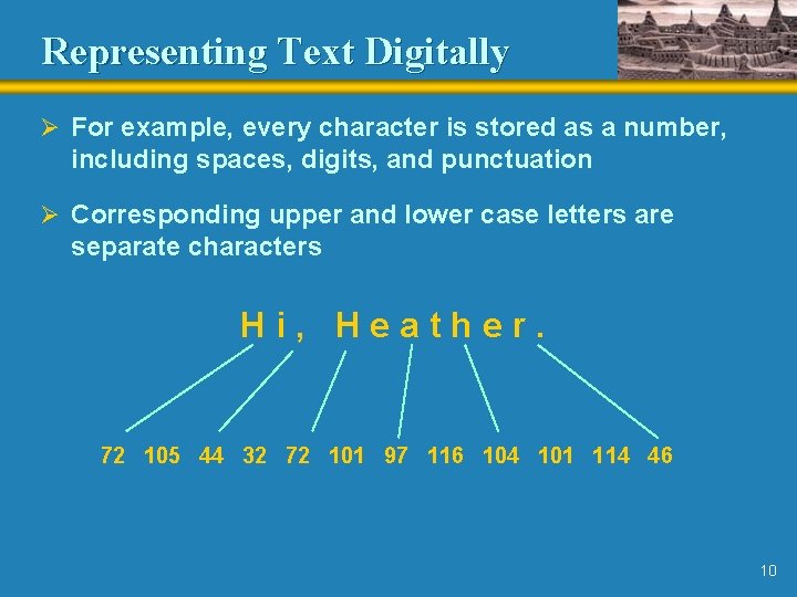 Representing Text Digitally Ø For example, every character is stored as a number, including Representing Text Digitally Ø For example, every character is stored as a number, including