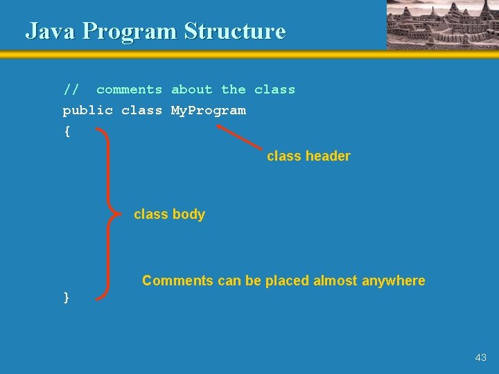 Java Program Structure // comments about the class public class My. Program { class Java Program Structure // comments about the class public class My. Program { class