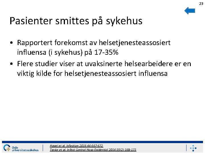 23 Pasienter smittes på sykehus • Rapportert forekomst av helsetjenesteassosiert influensa (i sykehus) på