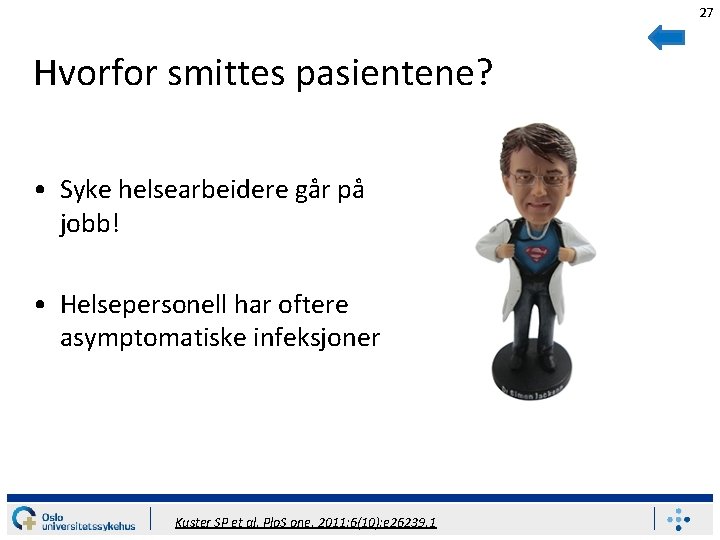 27 Hvorfor smittes pasientene? • Syke helsearbeidere går på jobb! • Helsepersonell har oftere