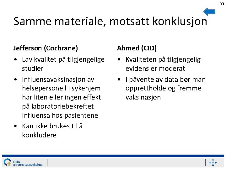 33 Samme materiale, motsatt konklusjon Jefferson (Cochrane) Ahmed (CID) • Lav kvalitet på tilgjengelige