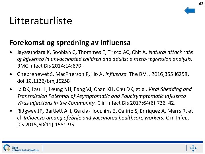 62 Litteraturliste Forekomst og spredning av influensa • Jayasundara K, Soobiah C, Thommes E,