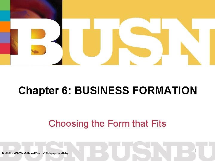Chapter 6: BUSINESS FORMATION Choosing the Form that Fits © 2009 South-Western, a division