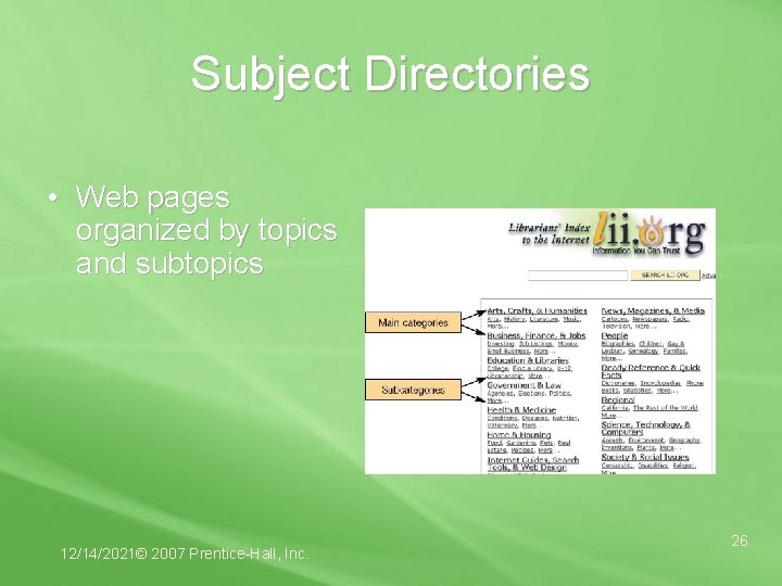 Subject Directories • Web pages organized by topics and subtopics 12/14/2021© 2007 Prentice-Hall, Inc.