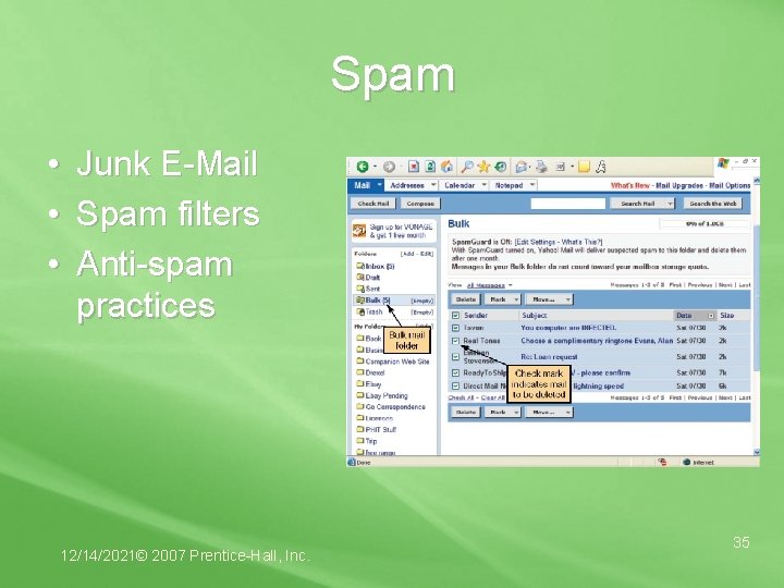 Spam • • • Junk E-Mail Spam filters Anti-spam practices 12/14/2021© 2007 Prentice-Hall, Inc.