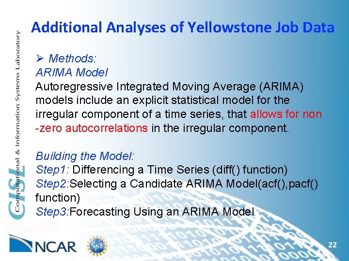 Additional Analyses of Yellowstone Job Data Ø Methods: ARIMA Model Autoregressive Integrated Moving Average