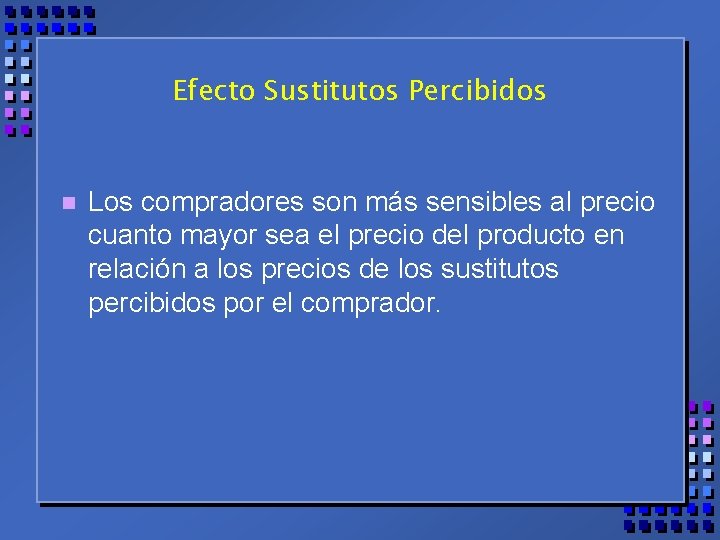 Efecto Sustitutos Percibidos n Los compradores son más sensibles al precio cuanto mayor sea