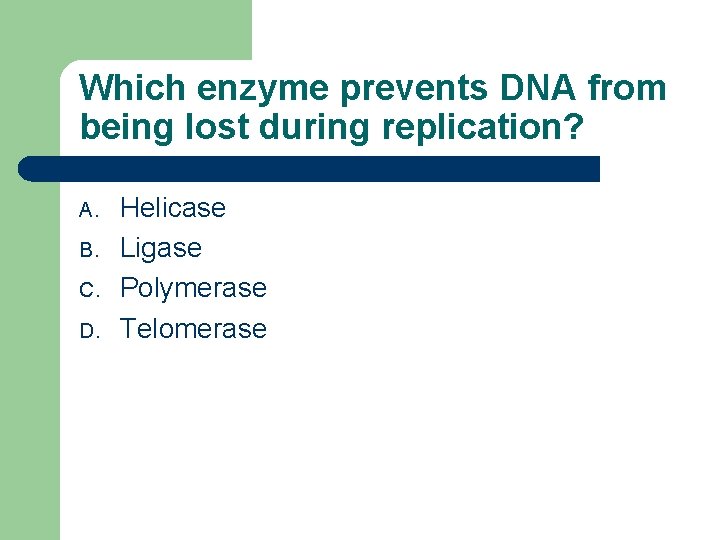 Which enzyme prevents DNA from being lost during replication? A. B. C. D. Helicase