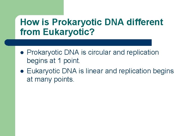 How is Prokaryotic DNA different from Eukaryotic? l l Prokaryotic DNA is circular and