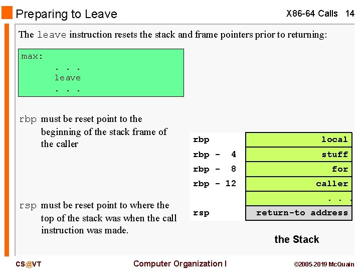 Preparing to Leave X 86 -64 Calls 14 The leave instruction resets the stack