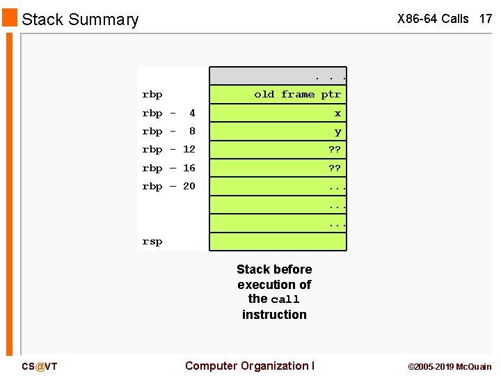 Stack Summary X 86 -64 Calls 17 . . . rbp old frame ptr