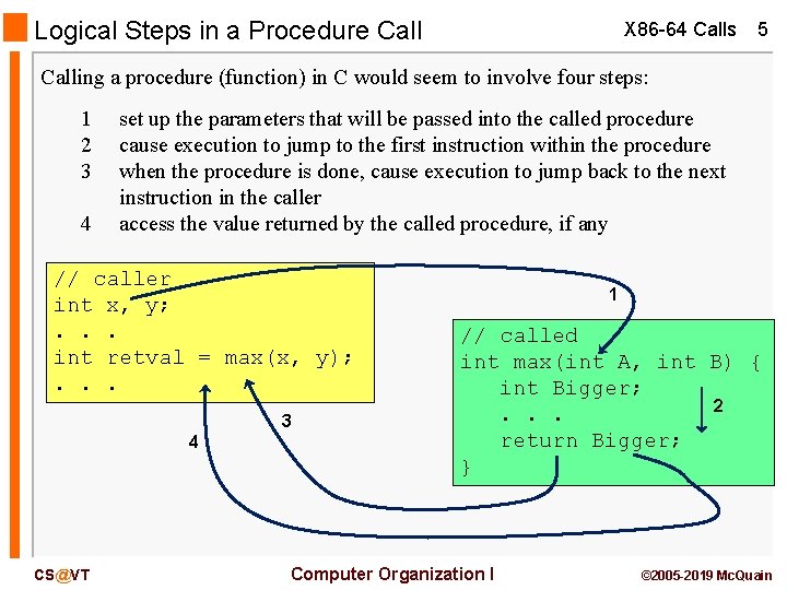 Logical Steps in a Procedure Call X 86 -64 Calls 5 Calling a procedure