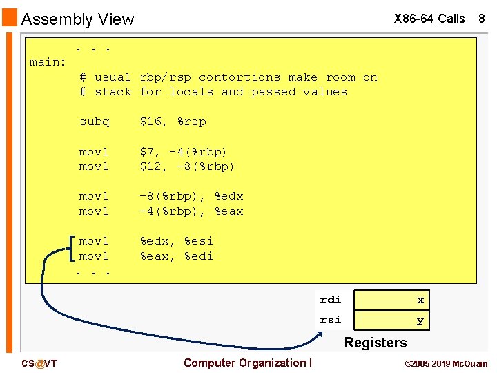 Assembly View X 86 -64 Calls 8 . . . main: # usual rbp/rsp