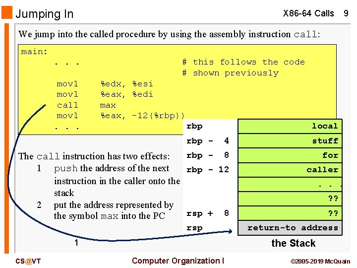 Jumping In X 86 -64 Calls 9 We jump into the called procedure by