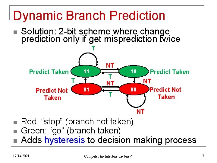 Dynamic Branch Prediction n Solution: 2 -bit scheme where change prediction only if get