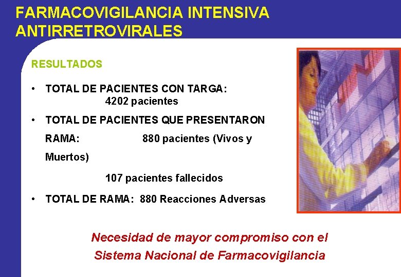 FARMACOVIGILANCIA INTENSIVA ANTIRRETROVIRALES RESULTADOS • TOTAL DE PACIENTES CON TARGA: 4202 pacientes • TOTAL