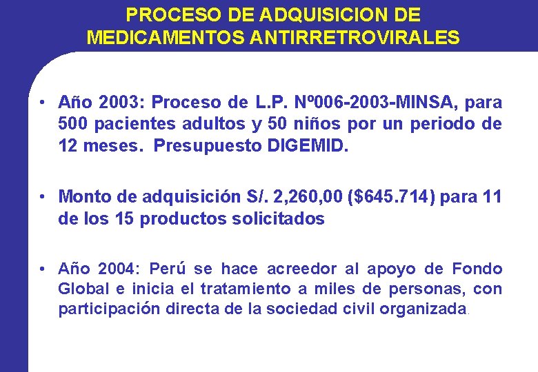 PROCESO DE ADQUISICION DE MEDICAMENTOS ANTIRRETROVIRALES • Año 2003: Proceso de L. P. Nº
