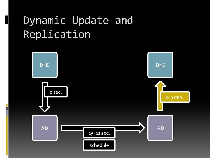 Dynamic Update and Replication DNS 0 sec. AD 0 -3 min. 15 -21 sec.
