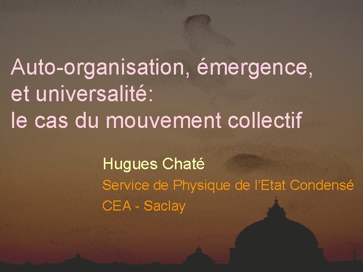 Auto-organisation, émergence, et universalité: le cas du mouvement collectif Hugues Chaté Service de Physique