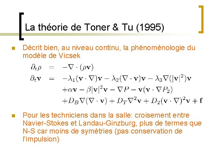 La théorie de Toner & Tu (1995) n Décrit bien, au niveau continu, la