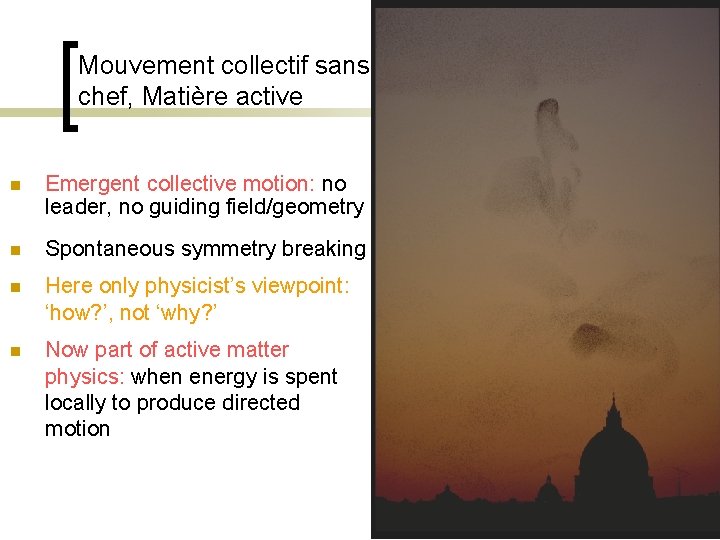 Mouvement collectif sans chef, Matière active n Emergent collective motion: no leader, no guiding