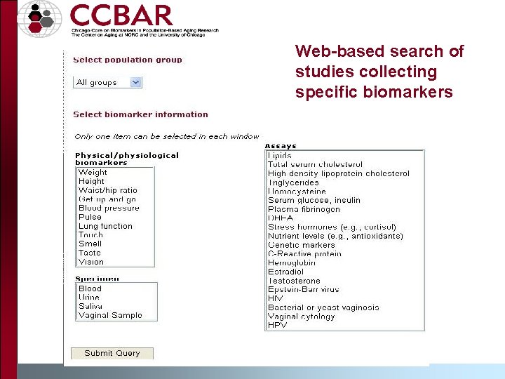 Web-based search of studies collecting specific biomarkers 