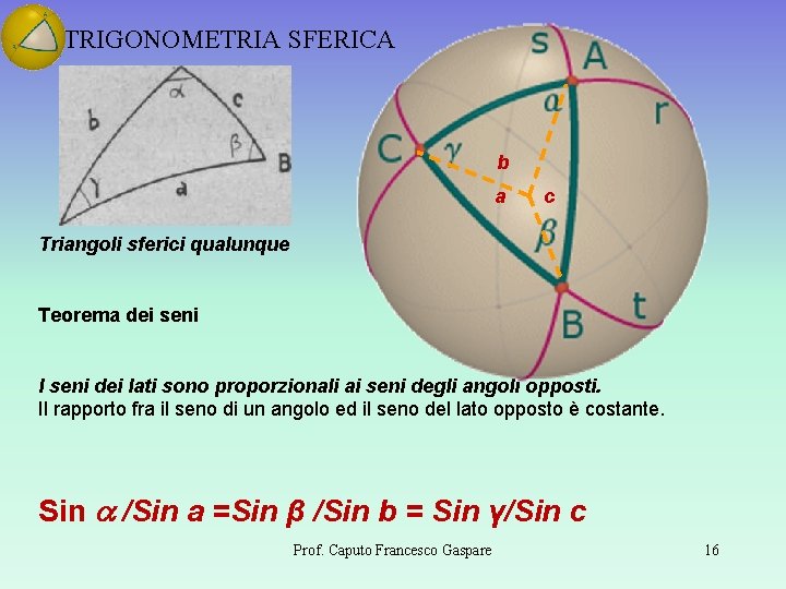 TRIGONOMETRIA SFERICA b a c Triangoli sferici qualunque Teorema dei seni I seni dei