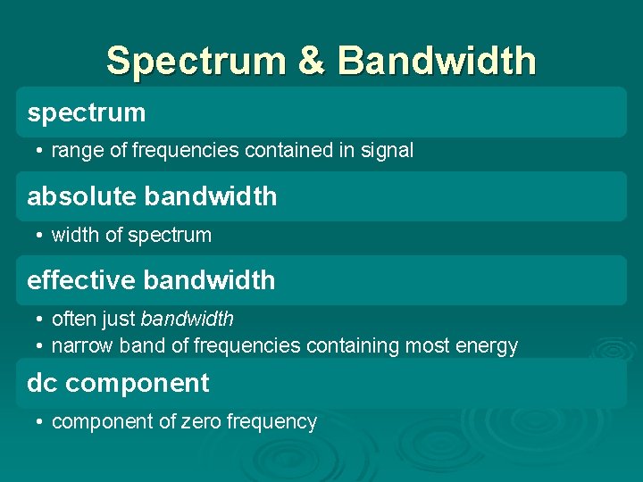 Spectrum & Bandwidth spectrum • range of frequencies contained in signal absolute bandwidth •