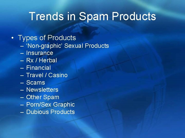 Trends in Spam Products • Types of Products – – – – – ‘Non-graphic’
