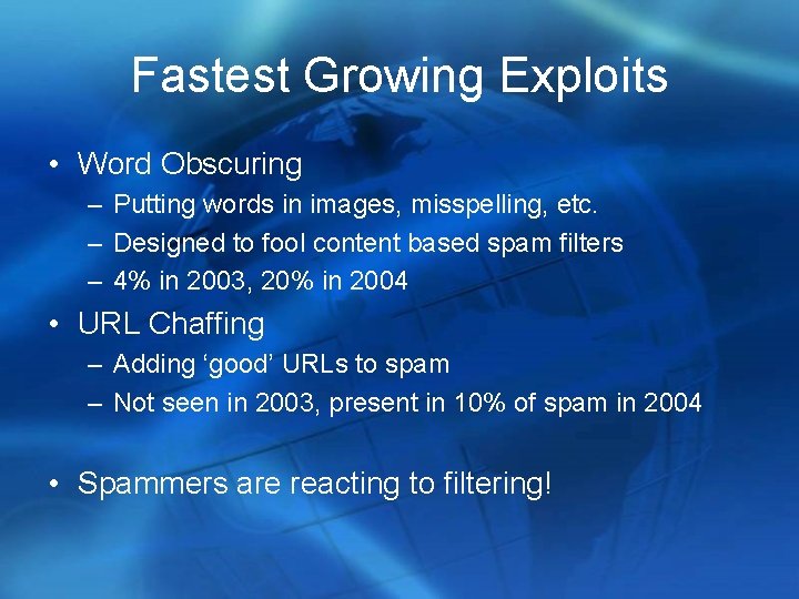 Fastest Growing Exploits • Word Obscuring – Putting words in images, misspelling, etc. –