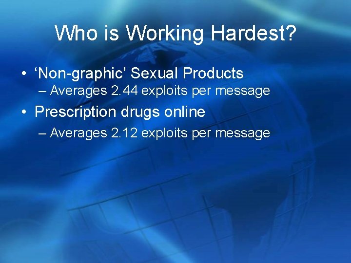 Who is Working Hardest? • ‘Non-graphic’ Sexual Products – Averages 2. 44 exploits per