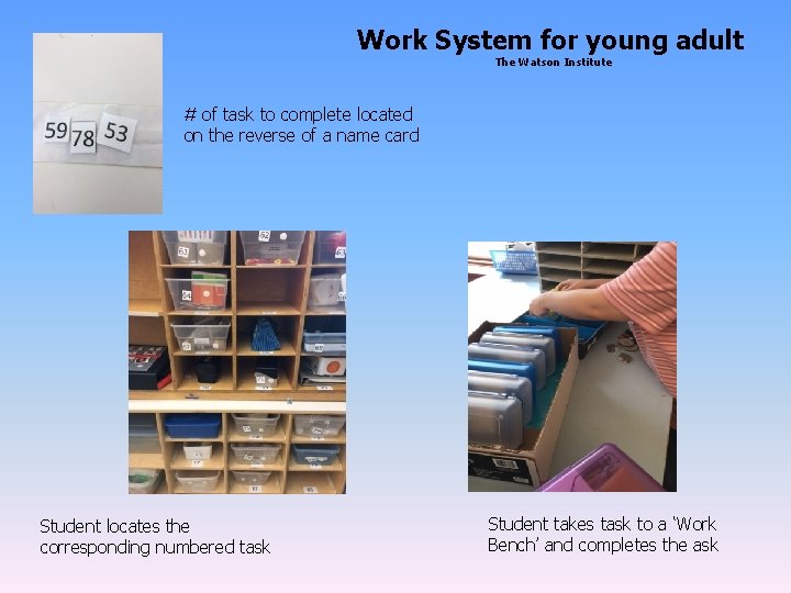 Work System for young adult The Watson Institute # of task to complete located