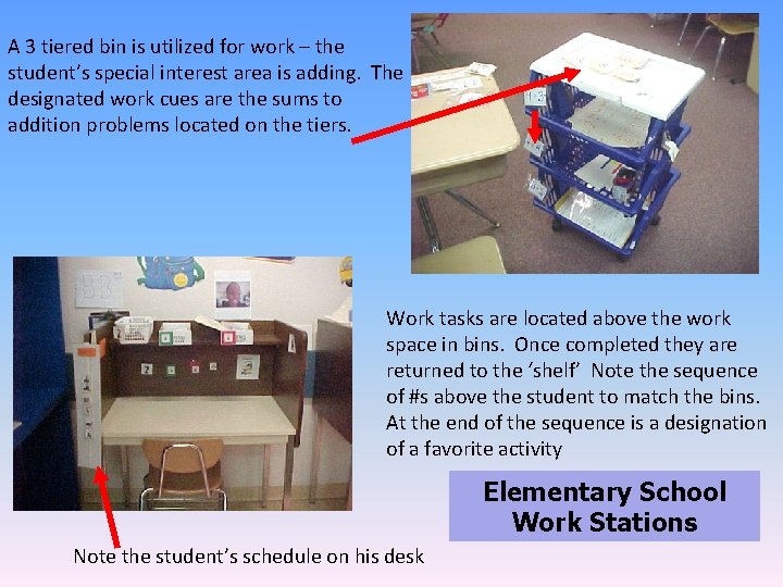A 3 tiered bin is utilized for work – the student’s special interest area