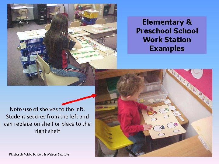 Elementary & Preschool School Work Station Examples Note use of shelves to the left.