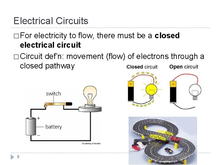 Electrical Circuits � For electricity to flow, there must be a closed electrical circuit Electrical Circuits � For electricity to flow, there must be a closed electrical circuit