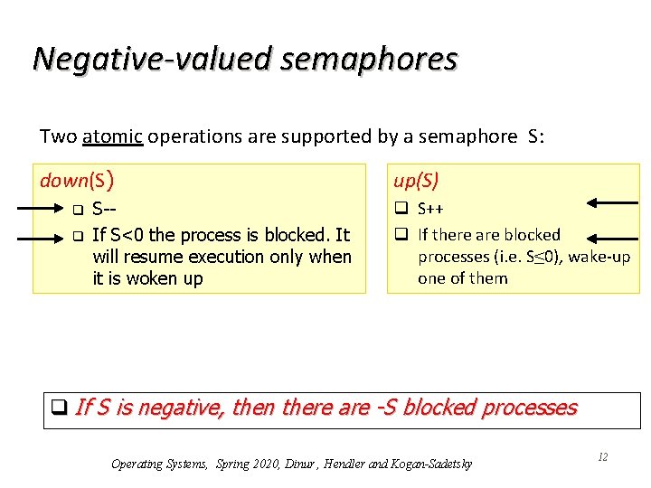 Negative-valued semaphores Two atomic operations are supported by a semaphore S: down(S) q q