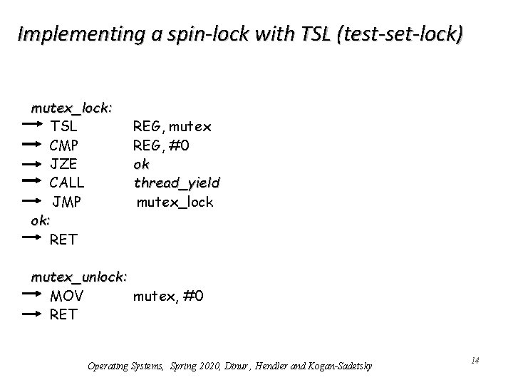 Implementing a spin-lock with TSL (test-set-lock) mutex_lock: TSL CMP JZE CALL JMP ok: RET