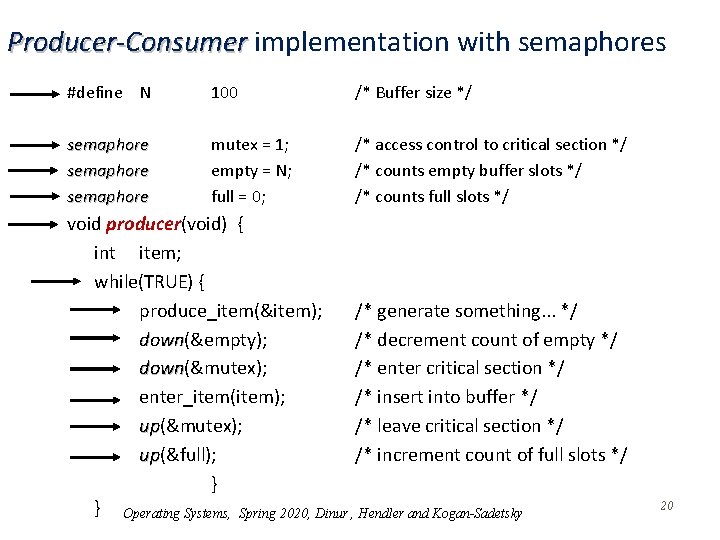 Producer-Consumer implementation with semaphores #define N 100 /* Buffer size */ semaphore mutex =