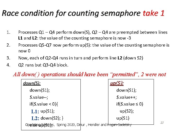 Race condition for counting semaphore take 1 1. 2. 3. 4. Processes Q 1