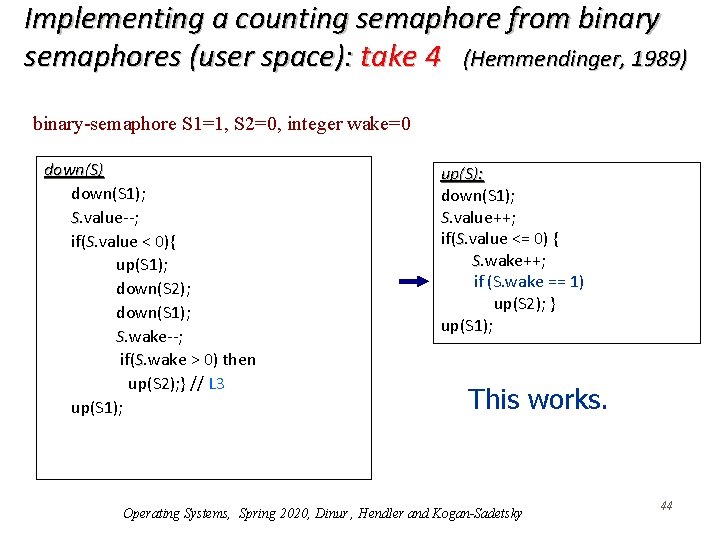 Implementing a counting semaphore from binary semaphores (user space): take 4 (Hemmendinger, 1989) binary-semaphore