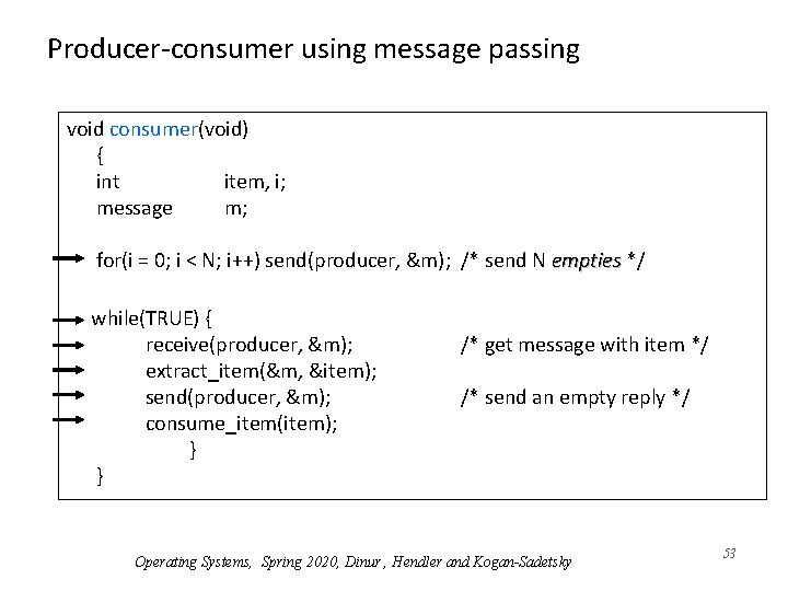 Producer-consumer using message passing void consumer(void) { int item, i; message m; for(i =