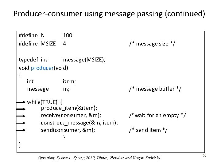 Producer-consumer using message passing (continued) #define N #define MSIZE 100 4 typedef int message(MSIZE);