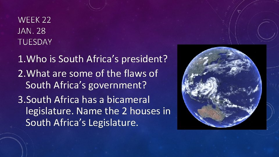 WEEK 22 JAN. 28 TUESDAY 1. Who is South Africa’s president? 2. What are