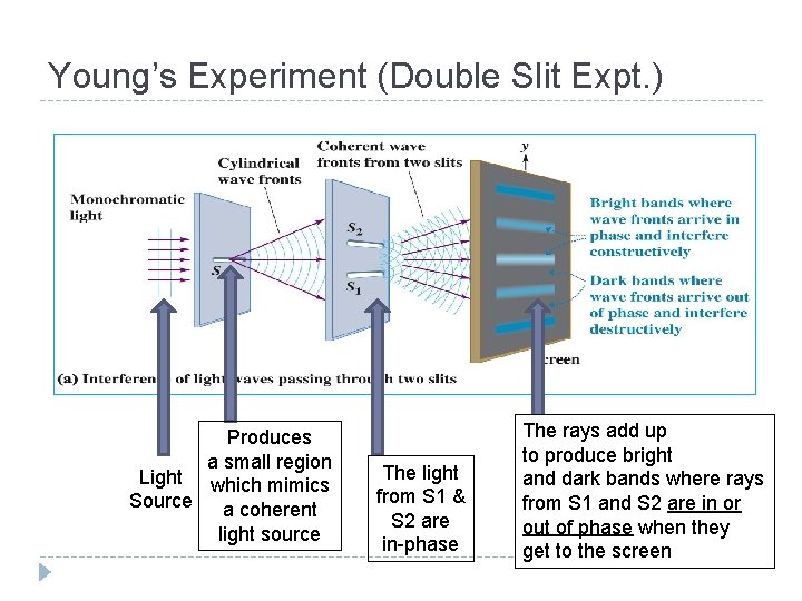 Young’s Experiment (Double Slit Expt. ) Produces a small region Light which mimics Source
