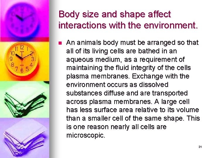 Body size and shape affect interactions with the environment. n An animals body must Body size and shape affect interactions with the environment. n An animals body must