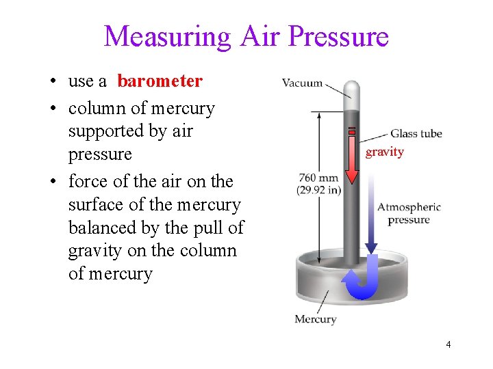 Measuring Air Pressure • use a barometer • column of mercury supported by air Measuring Air Pressure • use a barometer • column of mercury supported by air