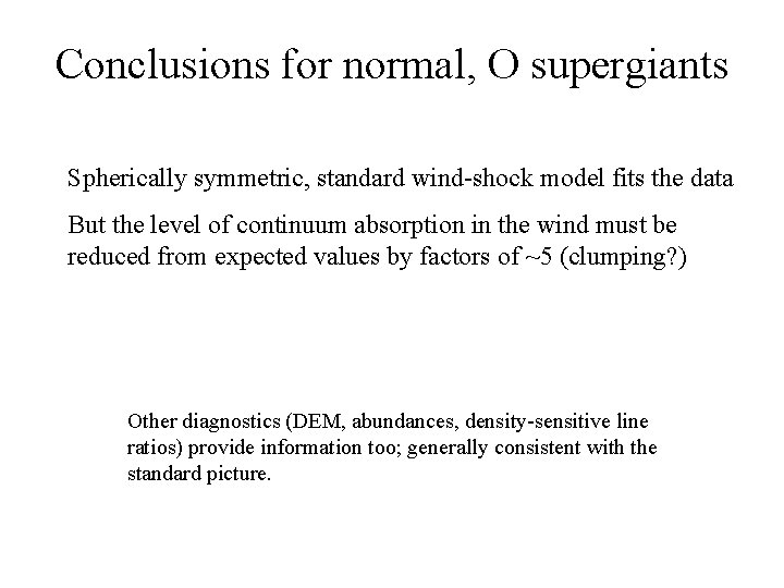 Conclusions for normal, O supergiants Spherically symmetric, standard wind-shock model fits the data But